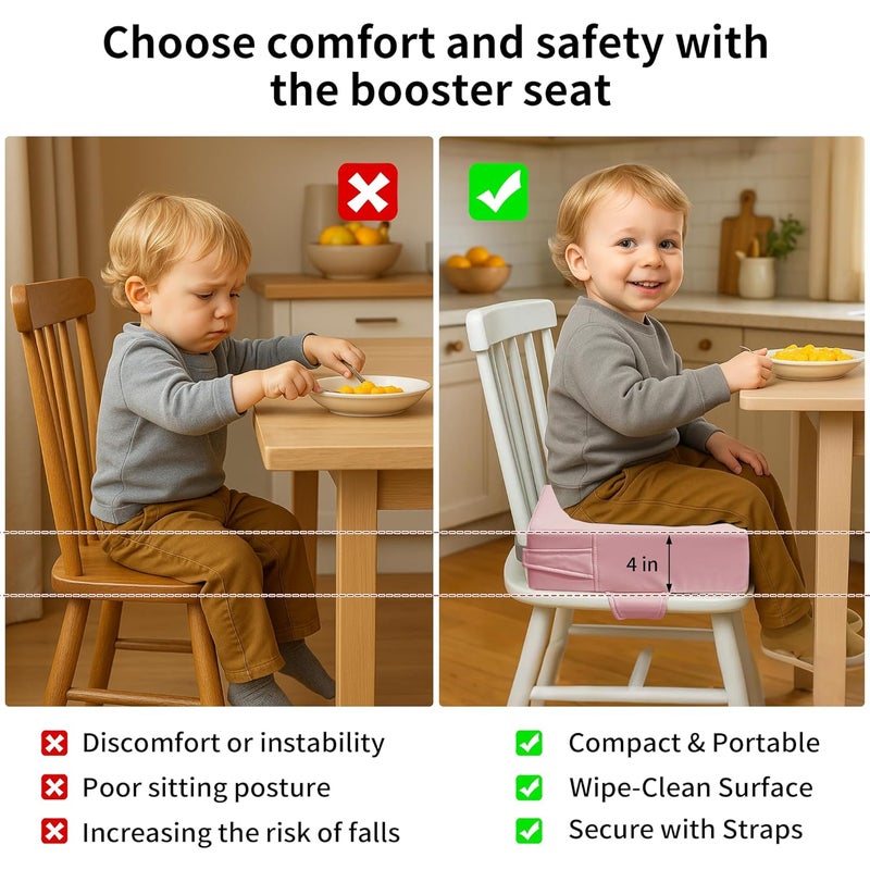 AAAini Toddler Booster Seat for Dining Table – PU Washable Cushion with Double Safe Straps, Non-Slip Bottom, Portable Travel Booster Seat for Toddlers (Pink) - Image 4